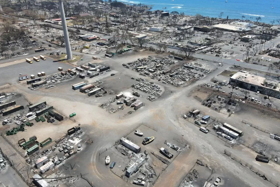 Aerial view of wildfire damage in Lahaina, Maui.